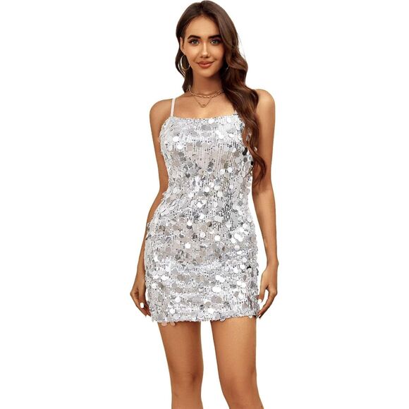 Sequin Spaghetti Strap Sexy Dresses Glitter Sparkly Mini Dress, XL, 142D012 - Picture 1 of 2